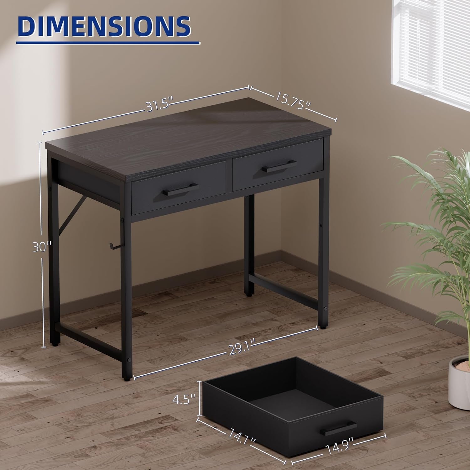 32 Inch Small Computer Desk with 2 Drawers for Bedroom Study Writing Home Office Table for Small Spaces Black