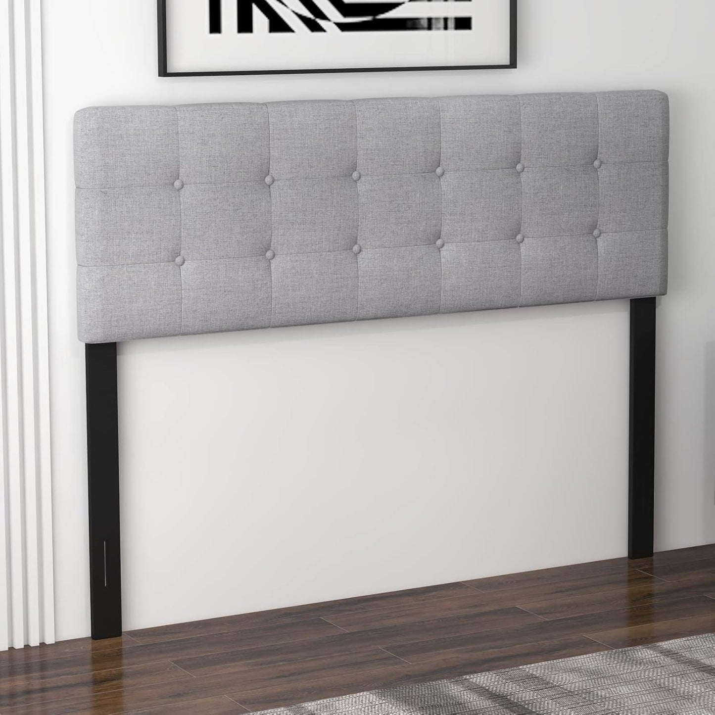 Linen Upholstered Headboard, Adjustable Width Button Tufted Headboard Only with Solid Wood Legs, Attach Frame, Rectangular Headboard for Queen Full Size Bed, Gray