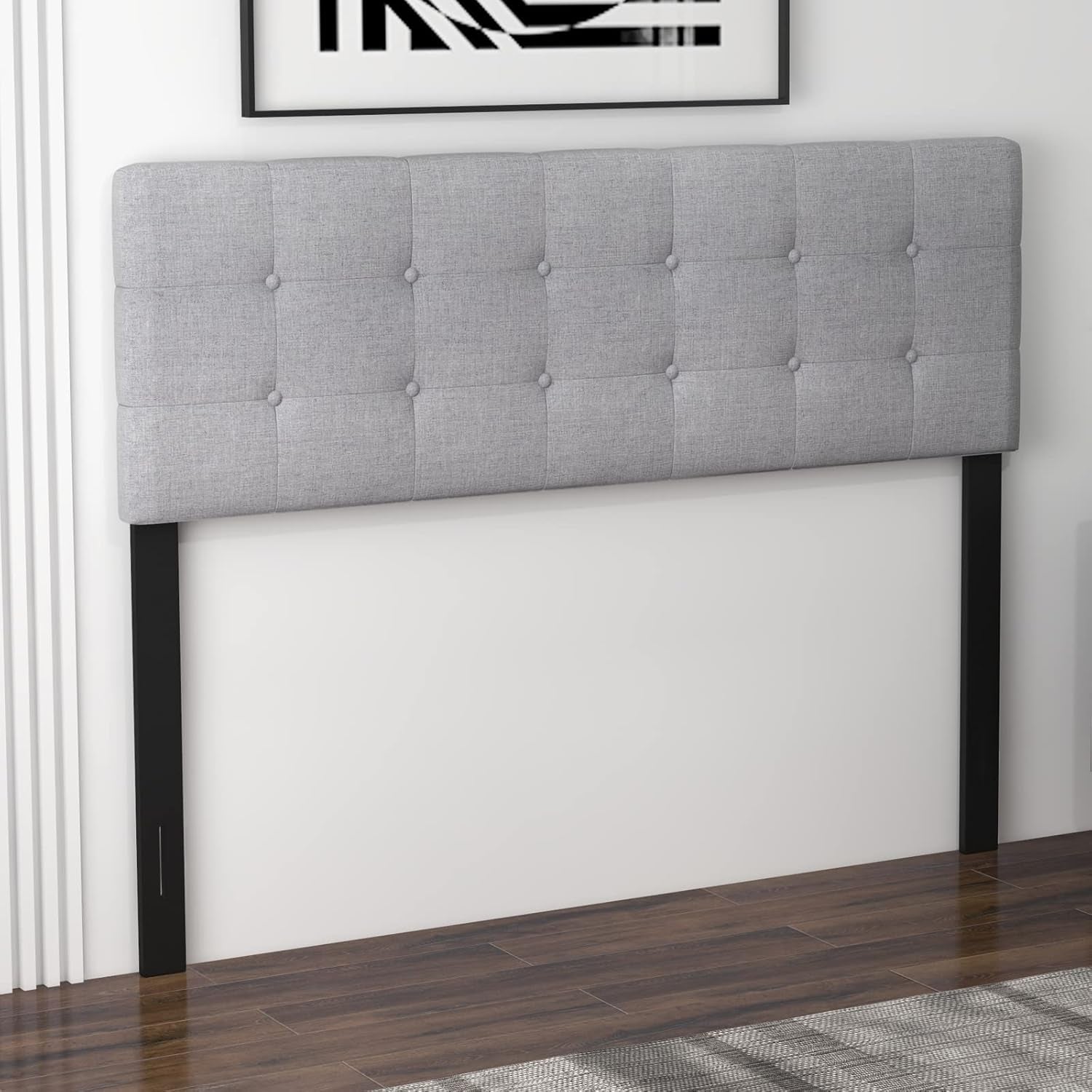 Linen Upholstered Headboard, Adjustable Width Button Tufted Headboard Only with Solid Wood Legs, Attach Frame, Rectangular Headboard for Queen Full Size Bed, Gray