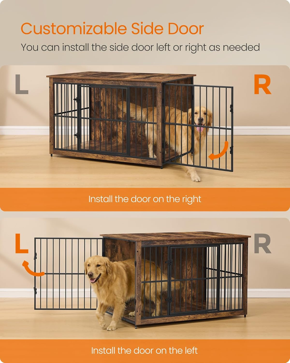 Wooden Dog Crate Furniture, 48 Inches Heavy-Duty Kennel for Dogs up to 110 Lb, with Double Doors and Enclosed Wood Base, Modern Pet Cage End Table Indoor, Rustic Brown