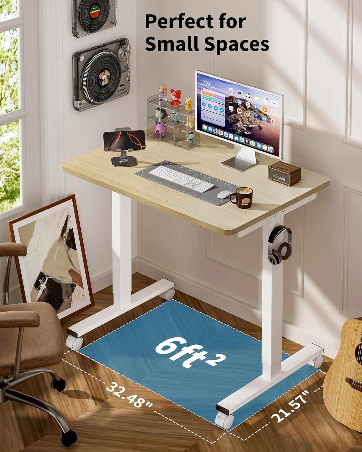 Small Electric Standing Desk, 36" X 24" Whole Piece Height Adjustable Desk, Oak Sit to Stand Computer Workstation with Wheels for Home Office