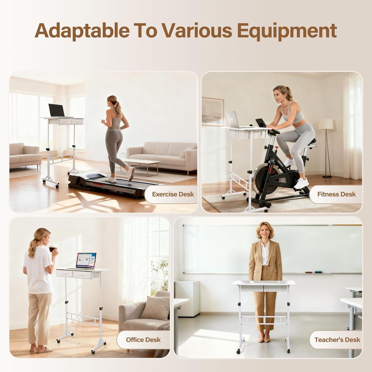 Adjustable Small Standing Desk with Drawers, Height Adjustable Rolling Desk for Home Office, Portable Small Computer Desk with Wheels for Walking Pad, White, Height 27.6"-49.2"