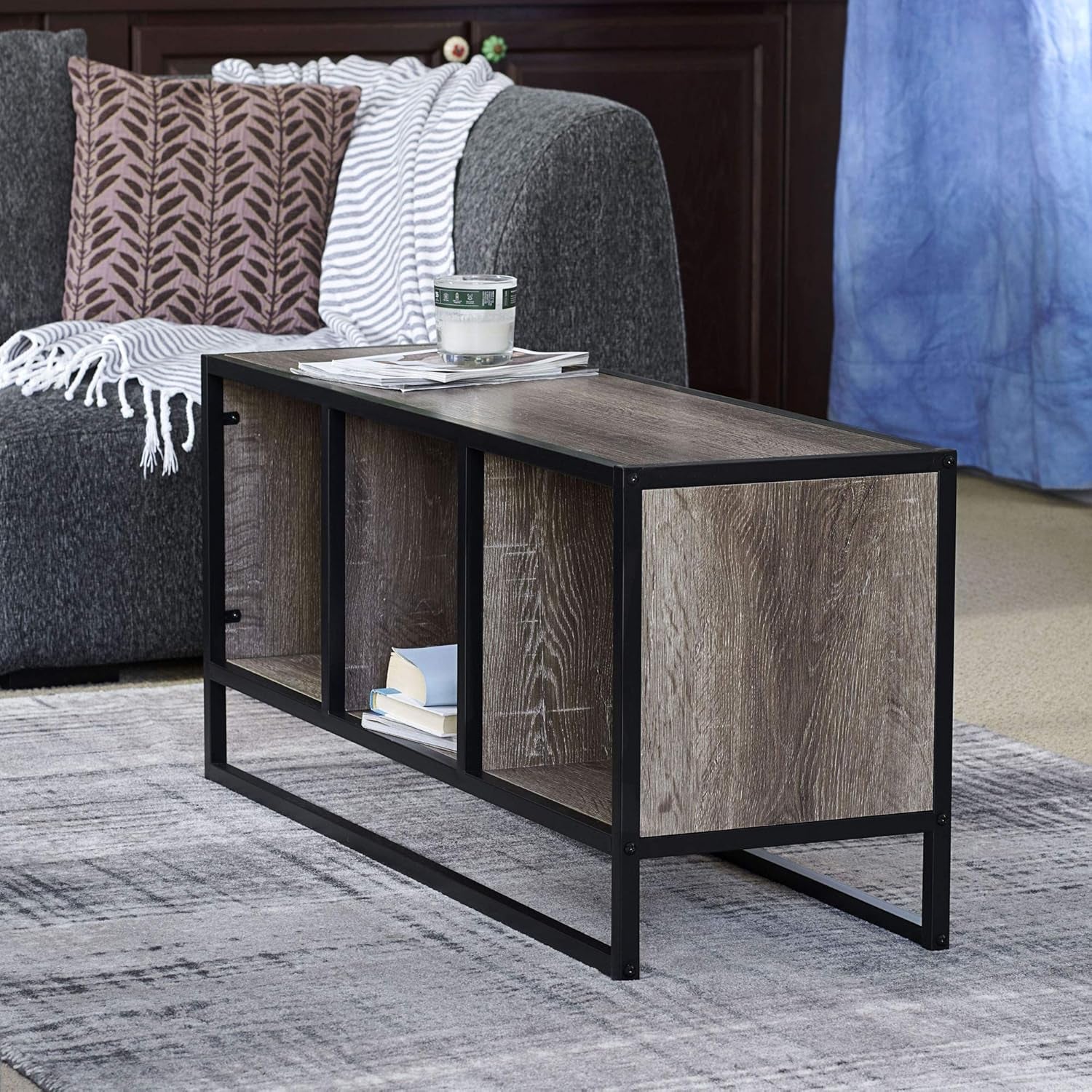 Jamestown TV Stand Coffee Table with Square Cube Storage Compartments Ashwood Rustic Wood Grain and Black Metal