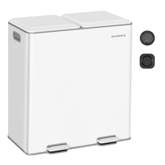 Trash Can, 2 X 8 Gallon (2 X 30 L) Double Garbage Can with Soft-Close Lids, Removable Inner Buckets, Pedals, Stainless Steel, for Waste and Recycling, Cloud White ULTB743W01