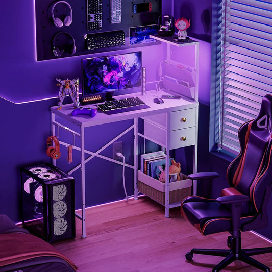 33.7" Computer Desk with Power Outlets, LED Lights & 2 Drawers, Small Office Desk with Storage Bag & Hooks, Gaming Desk for Bedrooms or Home Office, Compact Study Desk for Small Spaces，White