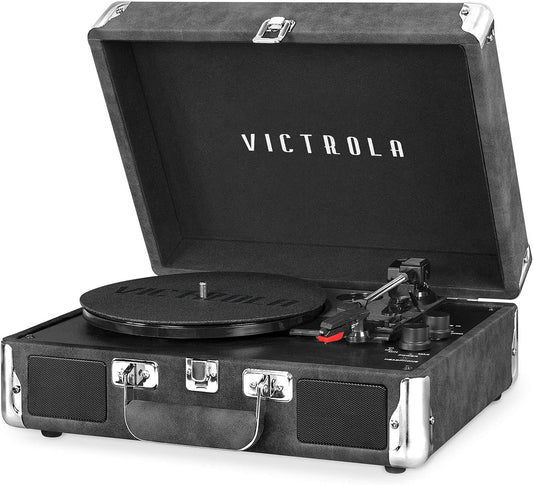 Journey Bluetooth Portable Suitcase Record Player – with Built-In Speakers, 3 Speed Vinyl Record Player, RCA Out, Headphone Jack (Gray)