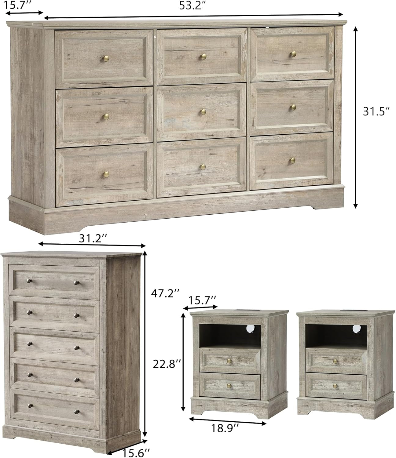 Dresser Bedroom Set of 4, 4 PCS Farmhouse Dressers Set, Included 53 Inch 9 Drawer Dresser, 5 Drawer Dresser and Nightstand Set of 2 with Charging Station,Bedroom Furniture Set (Gray)