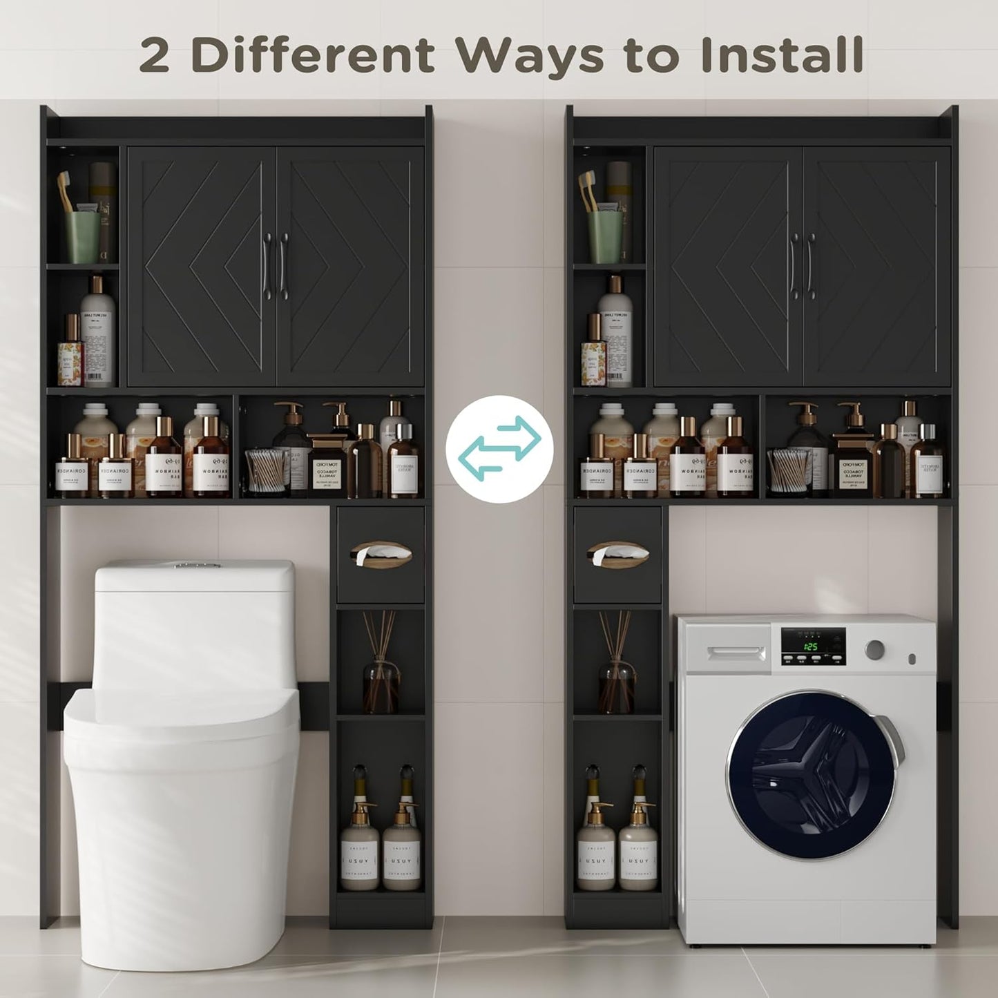 67.8" H over the Toilet Storage Cabinet with Adjustable Shelves & Toilet Paper Holder, Farmhouse over Toilet Bathroom Organizer, Double Door Toilet Cabinet for Bathroom, and Laundry, Black