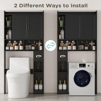 67.8" H over the Toilet Storage Cabinet with Adjustable Shelves & Toilet Paper Holder, Farmhouse over Toilet Bathroom Organizer, Double Door Toilet Cabinet for Bathroom, and Laundry, Black