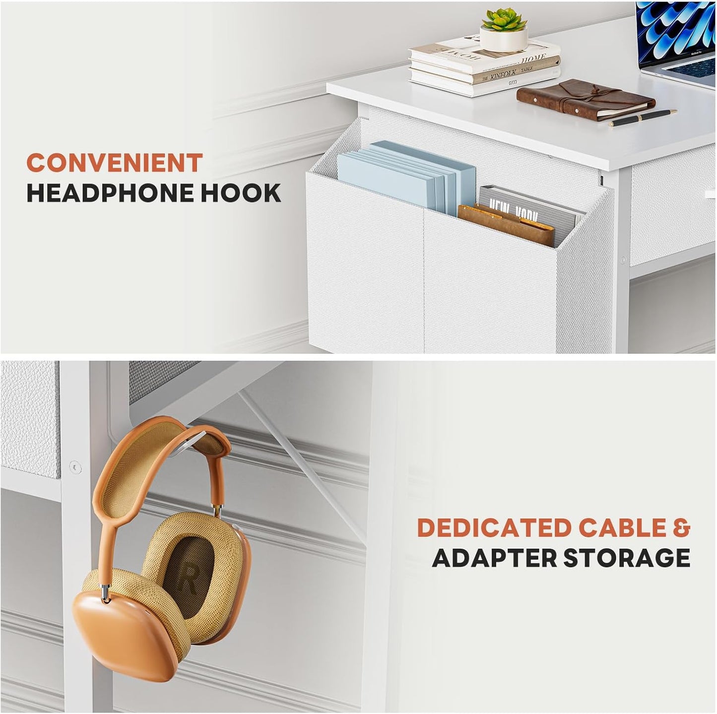 32" Home Office Computer Desk with Drawers, Small Gaming Writing Study Table with Storage Side Bag, Headphone Hook and Adjustable Feet for Bedroom White