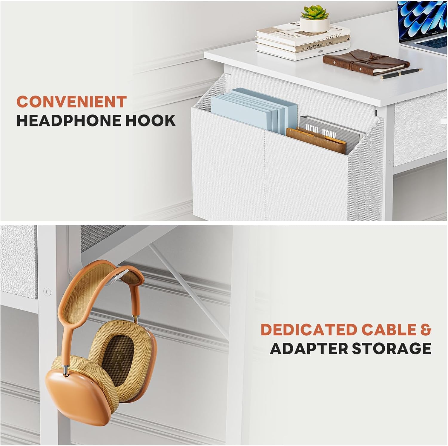 32" Home Office Computer Desk with Drawers, Small Gaming Writing Study Table with Storage Side Bag, Headphone Hook and Adjustable Feet for Bedroom White