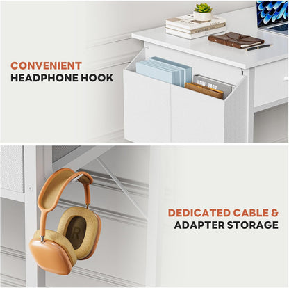 32" Home Office Computer Desk with Drawers, Small Gaming Writing Study Table with Storage Side Bag, Headphone Hook and Adjustable Feet for Bedroom White