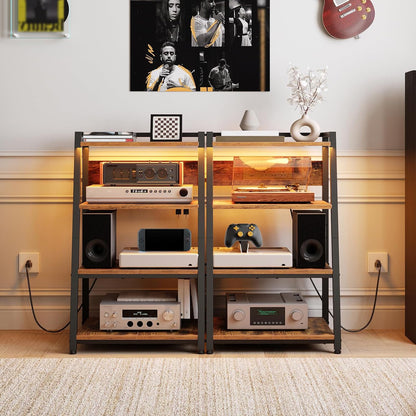 4-Tier AV Media Stand with Charging Station and LED Light, Wooden Stereo Cabinet, Game Console Stand, Media Audio Rack, Record Player, Entertainment Center, Rustic Brown and Black BF106UDCJ01