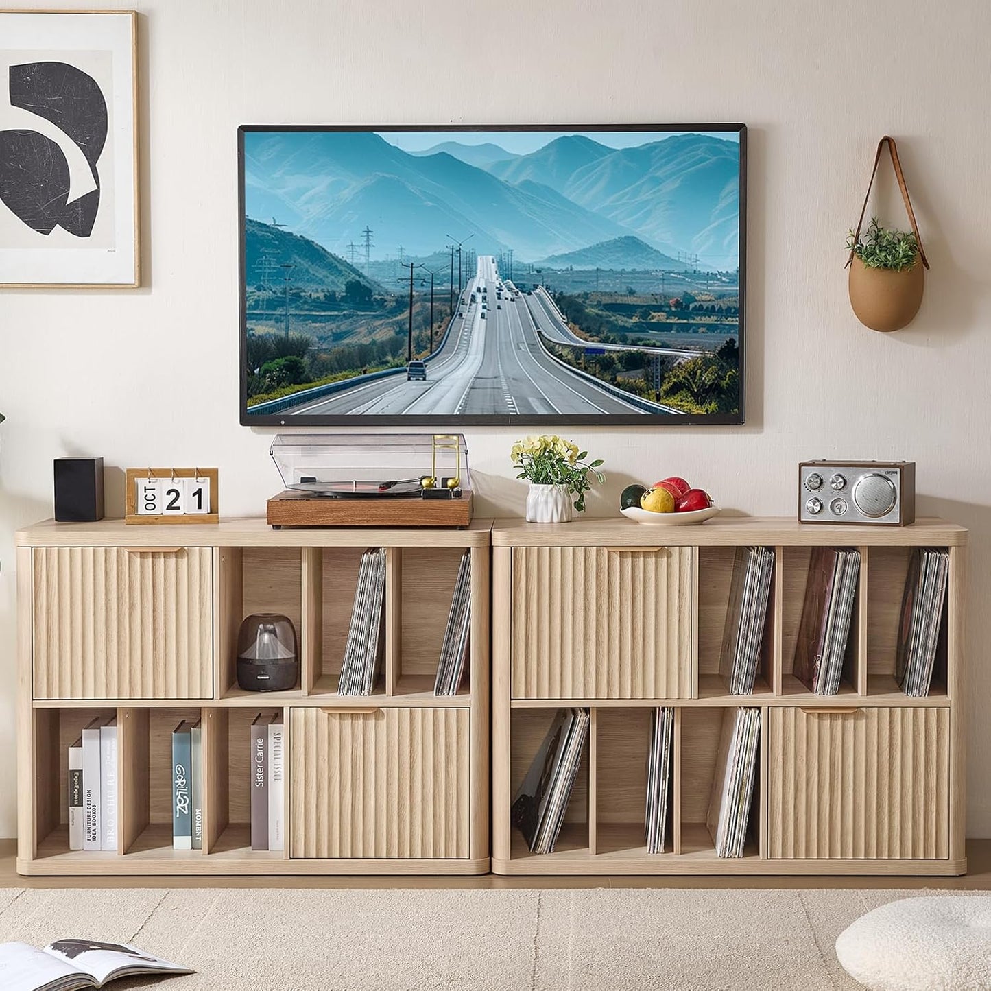 Large Record Player Stand with Vinyl Storage up to 450 Albums, Wood Fluted Boho Record Storage Accent Cabinet, Modern Stereo Media Cabinets, Wide Turntable Stand for Living Room, Natural Oak