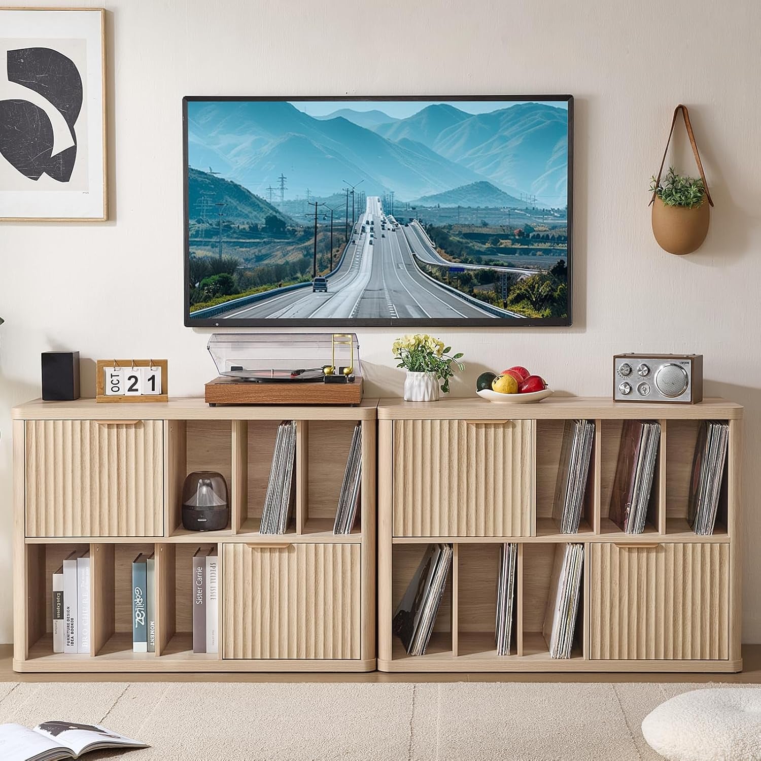 Large Record Player Stand with Vinyl Storage up to 450 Albums, Wood Fluted Boho Record Storage Accent Cabinet, Modern Stereo Media Cabinets, Wide Turntable Stand for Living Room, Natural Oak