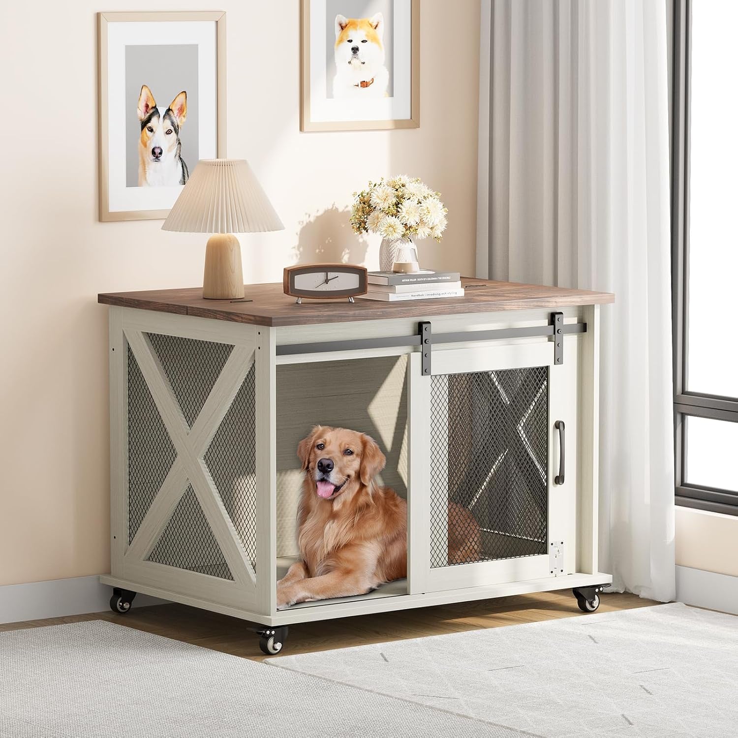 37" Dog Crate Furniture, Side End Table, Farmhouse Dog Crate with Sliding Barn Door, Flip Top Wooden Dog Kennel with Wheels and Movable Divider, Indoor Dog Cage House for Medium Dogs