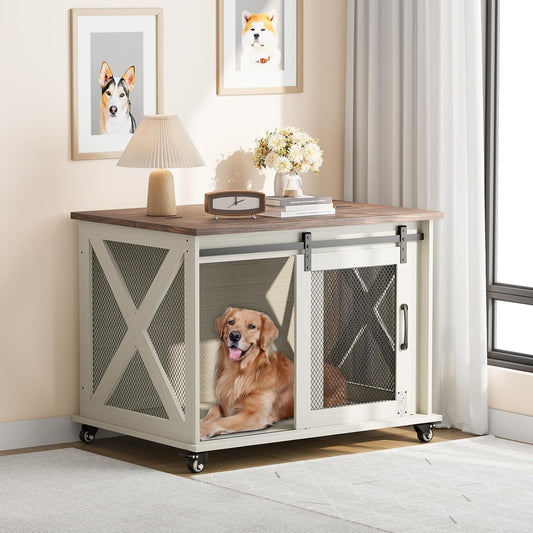 37" Dog Crate Furniture, Side End Table, Farmhouse Dog Crate with Sliding Barn Door, Flip Top Wooden Dog Kennel with Wheels and Movable Divider, Indoor Dog Cage House for Medium Dogs
