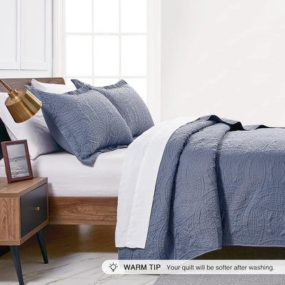 King Size Quilt Set Blue Bedspreads - Soft Bed Summer Lightweight Bedspread Comforter - Modern Style Coin Pattern Coverlet for All Season - 3 Pieces (1 Quilt, 2 Pillow Shams)