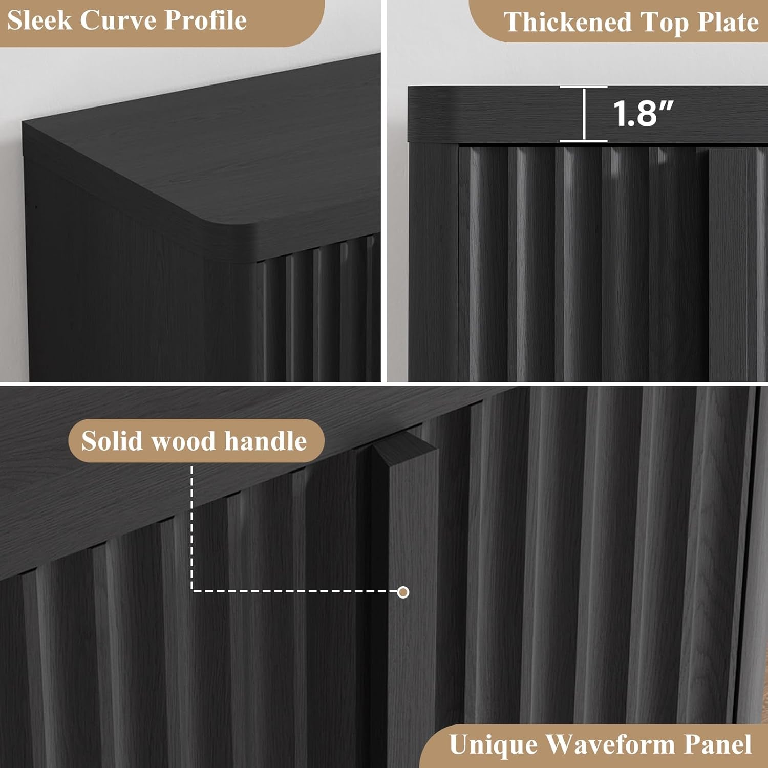 Fluted Buffet Cabinet with Storage, 60" Sideboard Buffet Storage Cabinet with 4 Doors & Adjustable Shelves, Wood Coffee Bar Credenza Accent Cabinet for Kitchen, Living Room, Black(1Pcs)