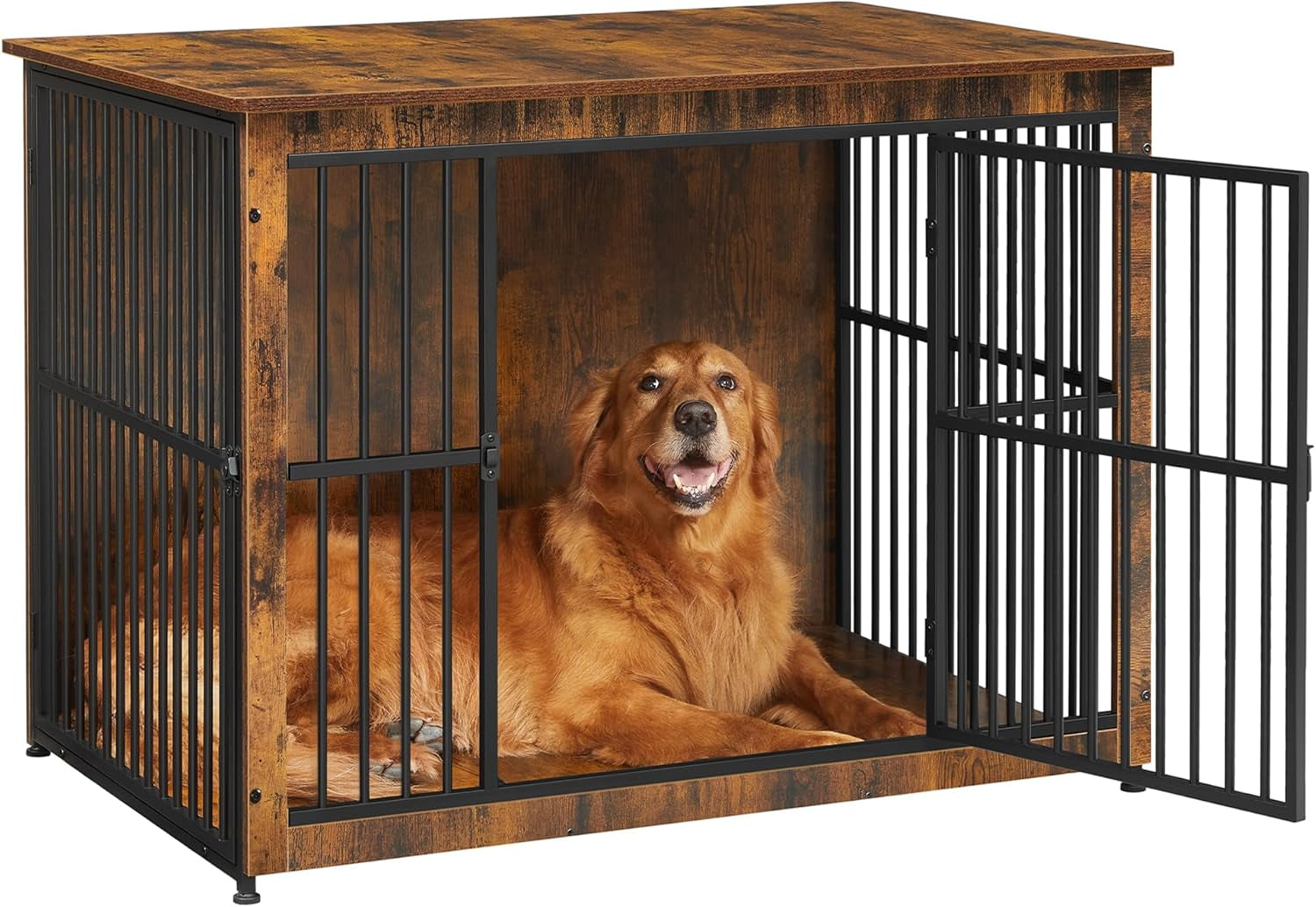 Dog Crate Furniture, 43.3" Side End Table, Modern Kennel for Dogs Indoor up to 80 Lb, Heavy-Duty Dog Cage with Enclosed Base, Double-Door Dog House, Rustic Brown UPFC024X01
