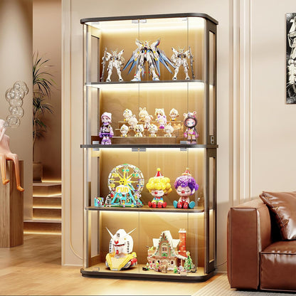 Rounded Display Cabinet with Glass Door, 4-Tier Curio Cabinet with Transparent Full-Display Surface for Collectibles, Glass Display Case with 3 Color Lights, Human Body Sensor, Black