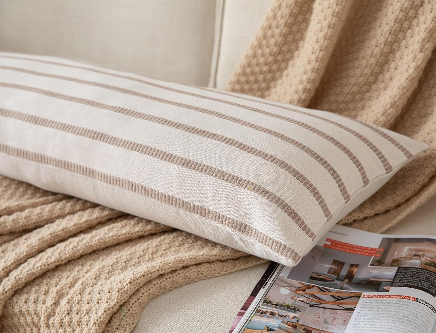 Boho Lumbar Throw Pillow Cover 14X36 Long Soft Farmhouse Decorative Couch Pillow Cases Beige Striped Body Pillow Covers Neutral Cushion Covers for Sofa Bed Living Room Home Decor Pack of 1