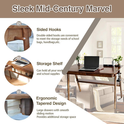 Mid-Century Modern 100% Solid Wood Writing Desk, 39" Rubberwood Home Office Computer Table & Workstation Desk with 2 Drawers, Lower Shelf & Side Hooks, 350 Lbs Load, Laptop Desk