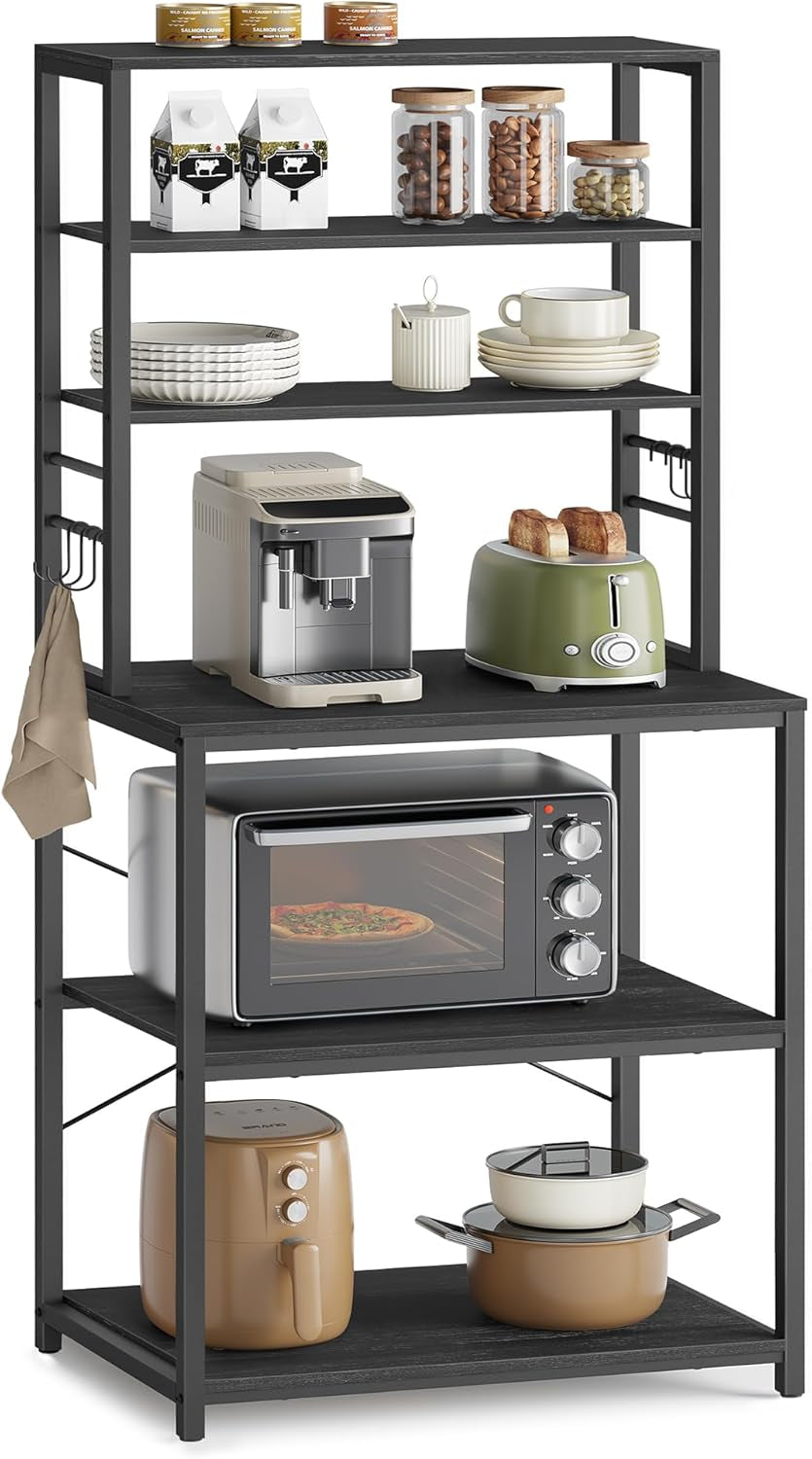 Coffee Bar, Baker’S Rack for Kitchen with Storage, 6-Tier Kitchen Shelves with 6 Hooks, Microwave Stand, Industrial, 15.7 X 23.6 X 65.7 Inches, Charcoal Gray and Black UKKS024B22