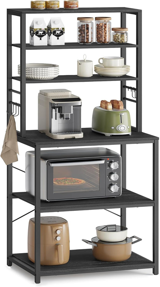 Coffee Bar, Baker’S Rack for Kitchen with Storage, 6-Tier Kitchen Shelves with 6 Hooks, Microwave Stand, Industrial, 15.7 X 23.6 X 65.7 Inches, Charcoal Gray and Black UKKS024B22