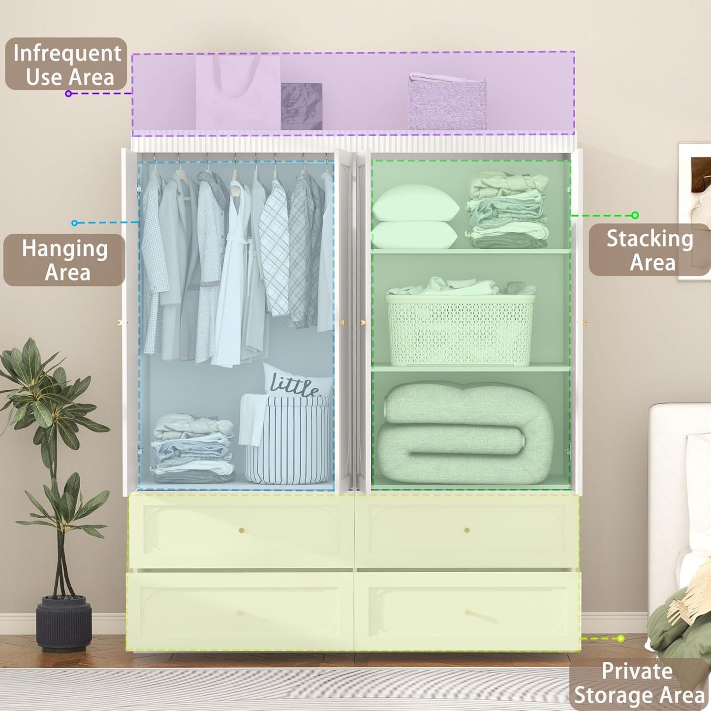 White Armoire Wardrobe Closet: 74" Large Wardrobe Closet with 4 Drawers, 4 Door Armoire Wardrobes for Hanging Clothes, Modern Wooden Closets for Bedroom (White)