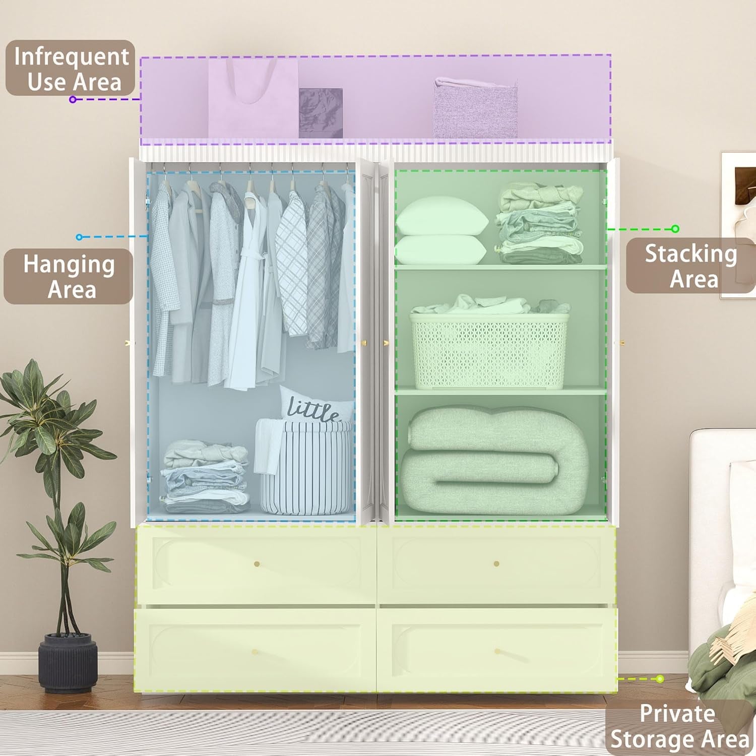 White Armoire Wardrobe Closet: 74" Large Wardrobe Closet with 4 Drawers, 4 Door Armoire Wardrobes for Hanging Clothes, Modern Wooden Closets for Bedroom (White)