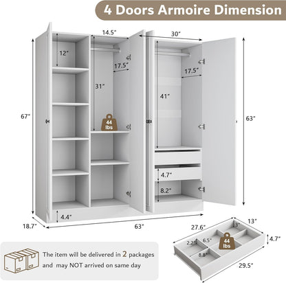 4 Doors Armoire Wardrobe Closet with 2 Drawers, 63" Large Wardrobe Cabinet with Removable Hanging Rods and Adjustable Shelves, Closet Storage Cabinet for Bedroom, Cloak Room, White