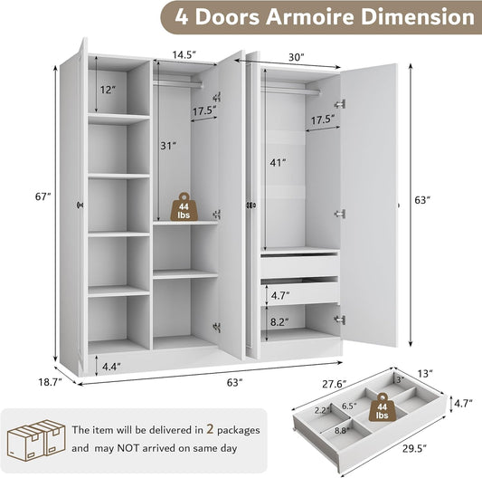 4 Doors Armoire Wardrobe Closet with 2 Drawers, 63" Large Wardrobe Cabinet with Removable Hanging Rods and Adjustable Shelves, Closet Storage Cabinet for Bedroom, Cloak Room, White