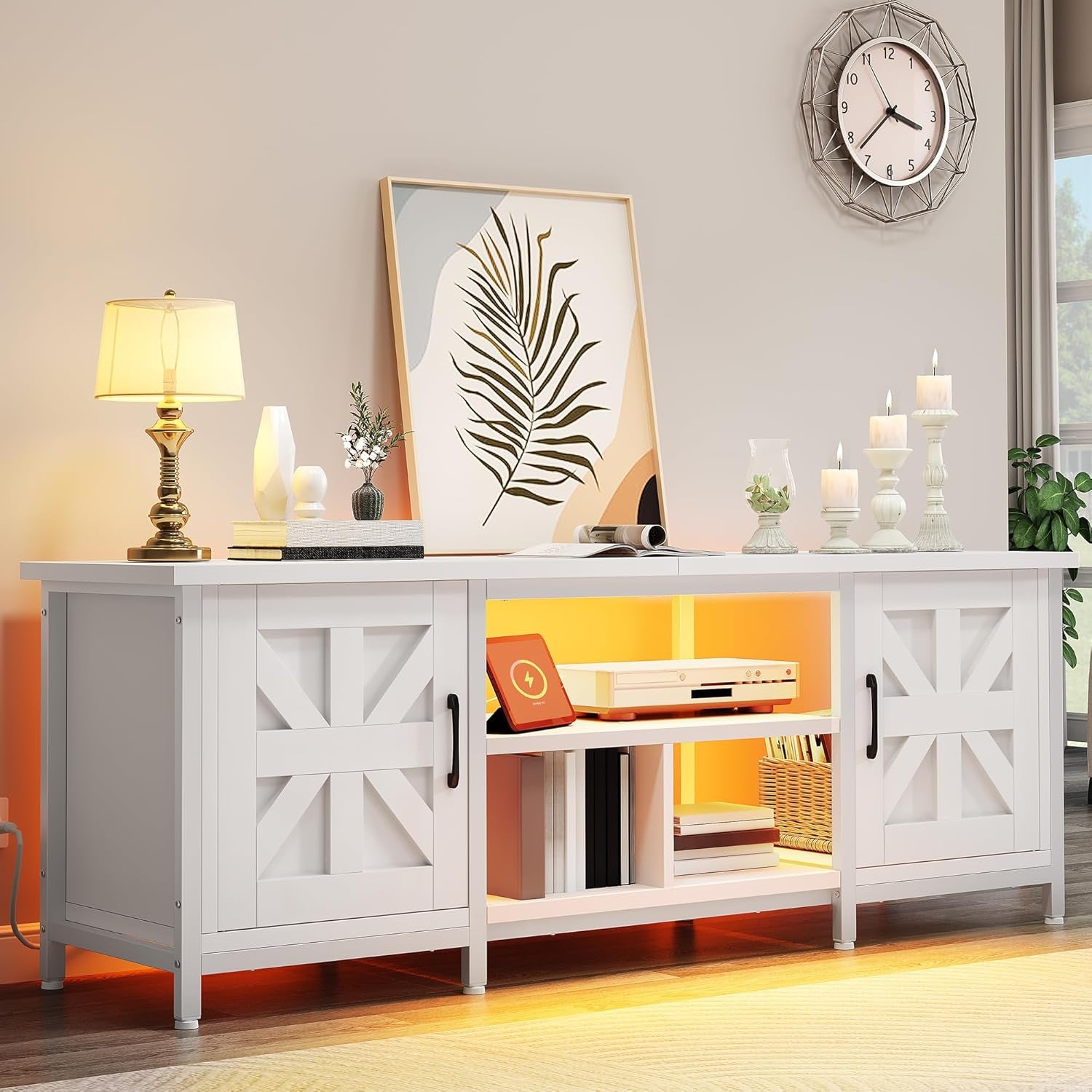 TV Stand with LED Lights & Charging Station, Farmhouse Entertainment Center with Storage Cabinets & Shelves, Cross-Pattern Doors, Fits Tvs up to 70'', TV Consoles for Living Room, White