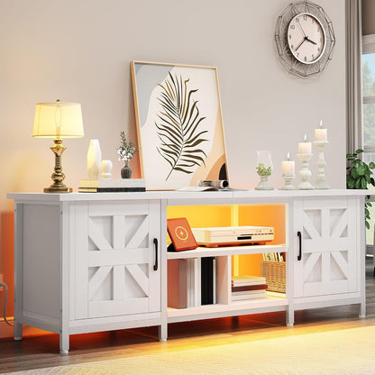 TV Stand with LED Lights & Charging Station, Farmhouse Entertainment Center with Storage Cabinets & Shelves, Cross-Pattern Doors, Fits Tvs up to 70'', TV Consoles for Living Room, White