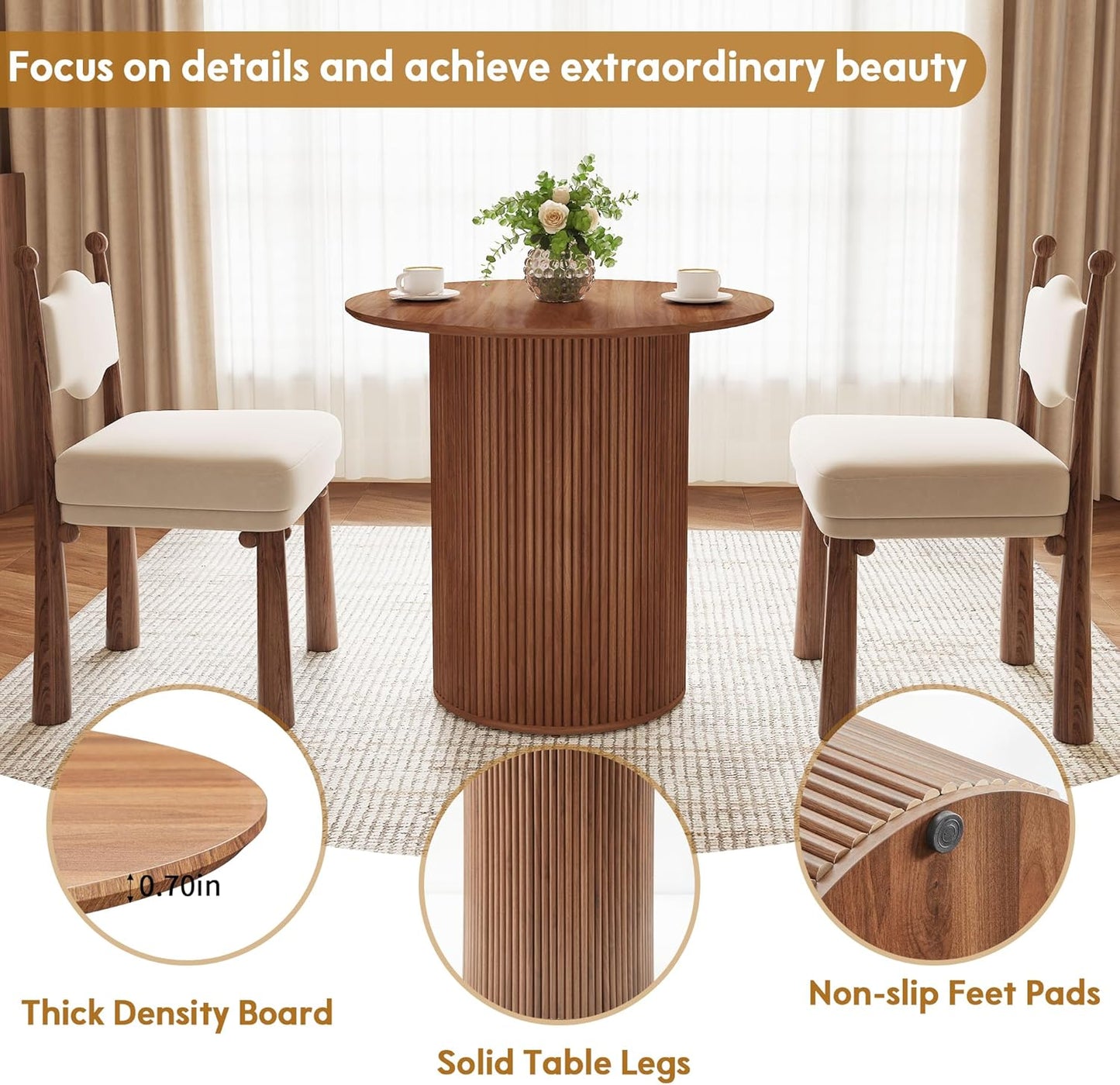 31.5" round Dining Table for 2 People, Small Kitchen Dinner Table with Fluted Wood Base, Farmhouse Circle Dining Tables for Home, Kitchen, Dining Room, Living Room (Walnut)