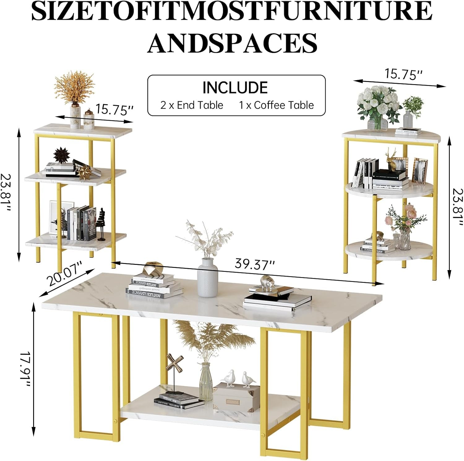Coffee Table Set of 3,Rectangle Coffee Table&2 Accent Table,Faux Marble Tabletop,3 Piece Living Room Table Sets with Multi Tier Storage, for Small Space, Apartment,White & Gold (Lcts-Wg)