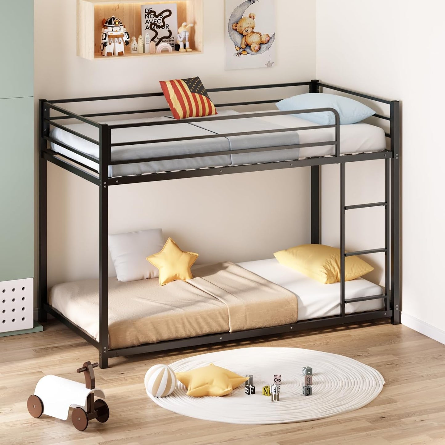 Metal Bunk Bed Full over Full, Twin Size Bed Frame for Boys Girls, Junior, Low Profile Bunk, Space Saving Design, Mattress Not Included (Pink)