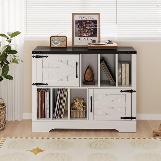 39" Large Record Player Stand with Vinyl Storage, Farmhouse Wood Vinyl Record Storage Cabinet with Barn Doors, Mid-Century Modern Turntable Stand for Living Room, White