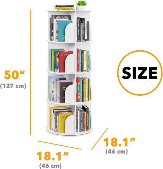 4 Tier Rotating Bookshelf Tower, Spinning Bookcase Lazy Susan, Revolving 360 Book Shelf Storage round Carousel, Vertical Rotate Turning Spiral Corner Organizer, White