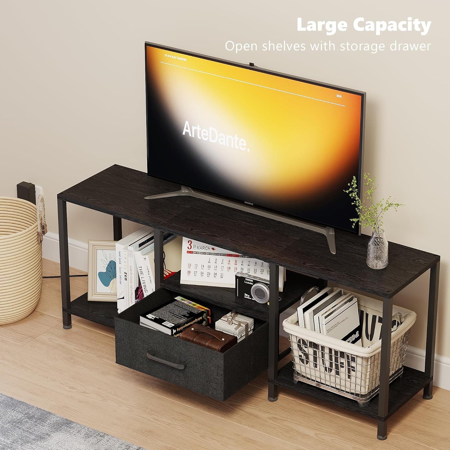 TV Stand with LED Lights, Entertainment Center with Open Shelves and Fabric Drawer, Media Console for 55 Inch TV, Television Stands for Living Room, Bedroom, Black