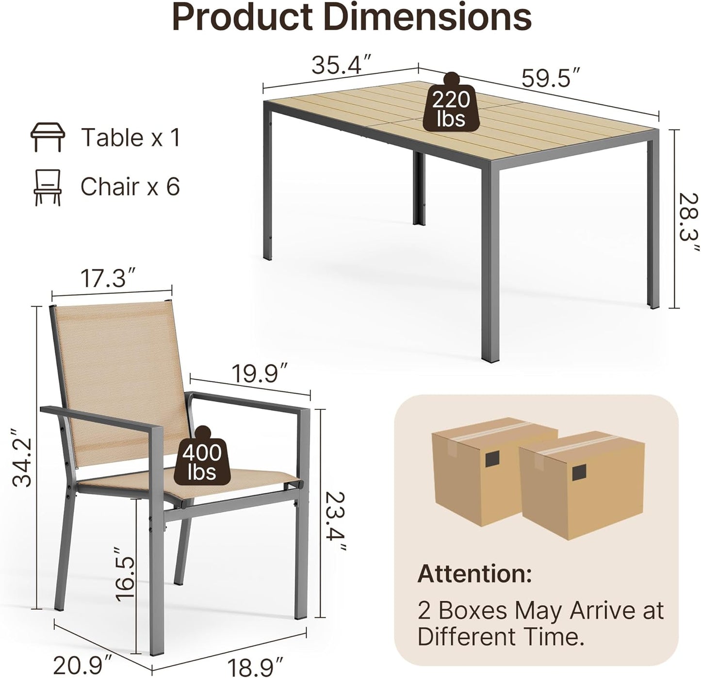 Patio Table and Chairs Set for 6, Outdoor Dining Set Includes 59.5" Rectangle Patio Table with Side Umbrella Hole and 6 Textilene Fabric Patio Chairs for Backyard, Courtyard, Poolside, Brown