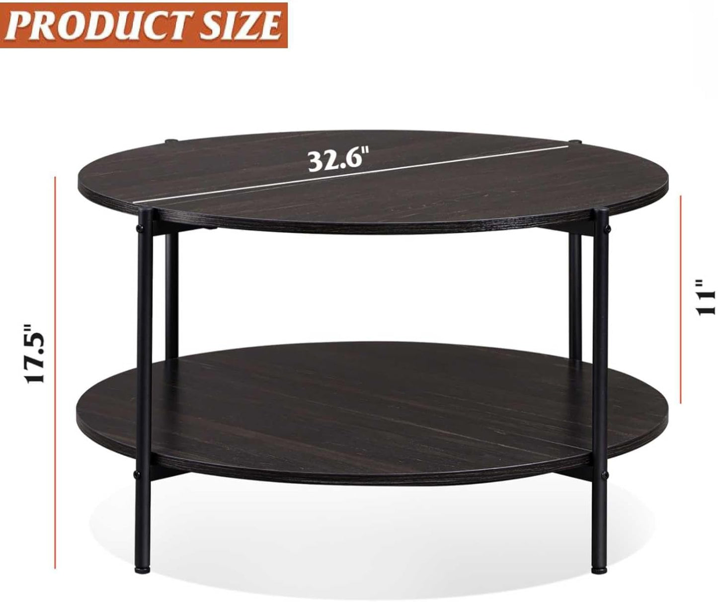 round Coffee Table for Living Room, 32.6" Small Coffee Table with Open Storage Shelf, 2-Tier Industrial Circle Wood Center Table for Bedroom, Home Office, Charcoal Black