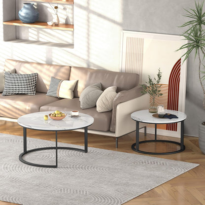 round Coffee Table Nesting Tables Set of 2, Large : Ø 33.5", Small : Ø 25.7", Modern Design Coffee Tables for Living Room, Metal Frame Circle Cocktail Table, High Glossy Faux White Marble