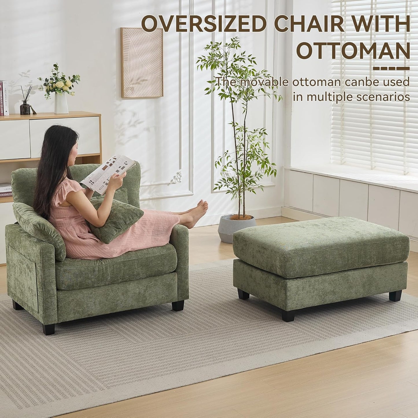 57.5" Oversized Chaise Lounge with Ottoman Indoor, Oversized Reading Chair with Ottoman & Sofa Bed, Green Chenille Upholstered Comfy Sleeper Chair for Living Room, Bedroom, Office