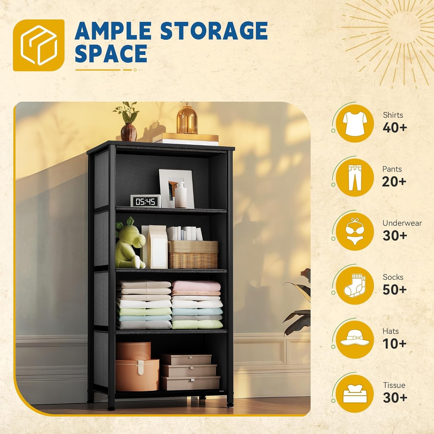 Storage Tower with 4 Drawers - Fabric Dresser, Organizer Unit for Bedroom, Living Room, Closets - Sturdy Steel Frame, Easy Pull Fabric Bins & Wooden Top