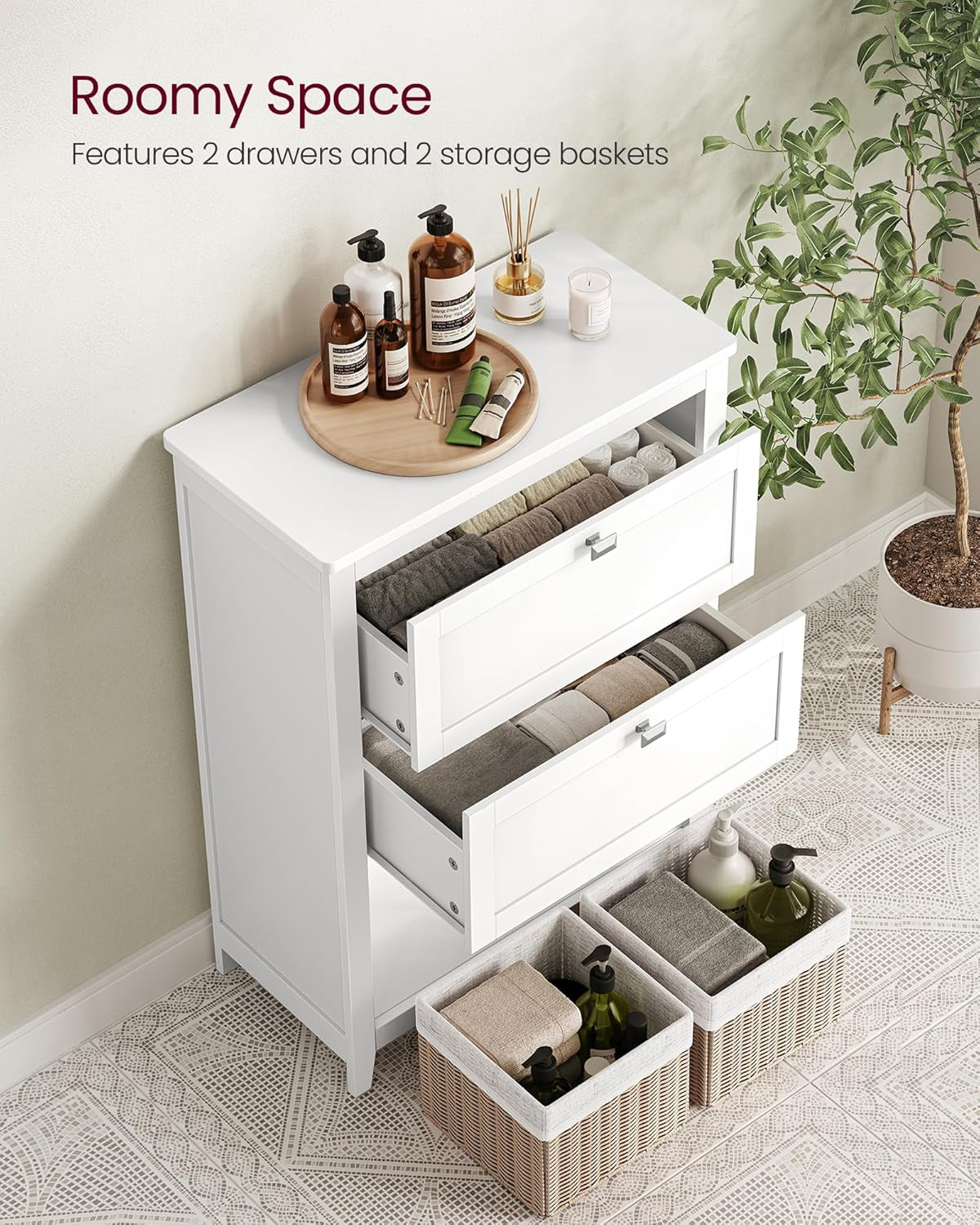 Bathroom Cabinet, Storage Cabinet and Bathroom Organizers, 2 Drawers with 1 Set of Adjustable Divider, 2 Baskets, Sideboard, 11.8 X 23.6 X 31.5 Inches, White UBBC545W02