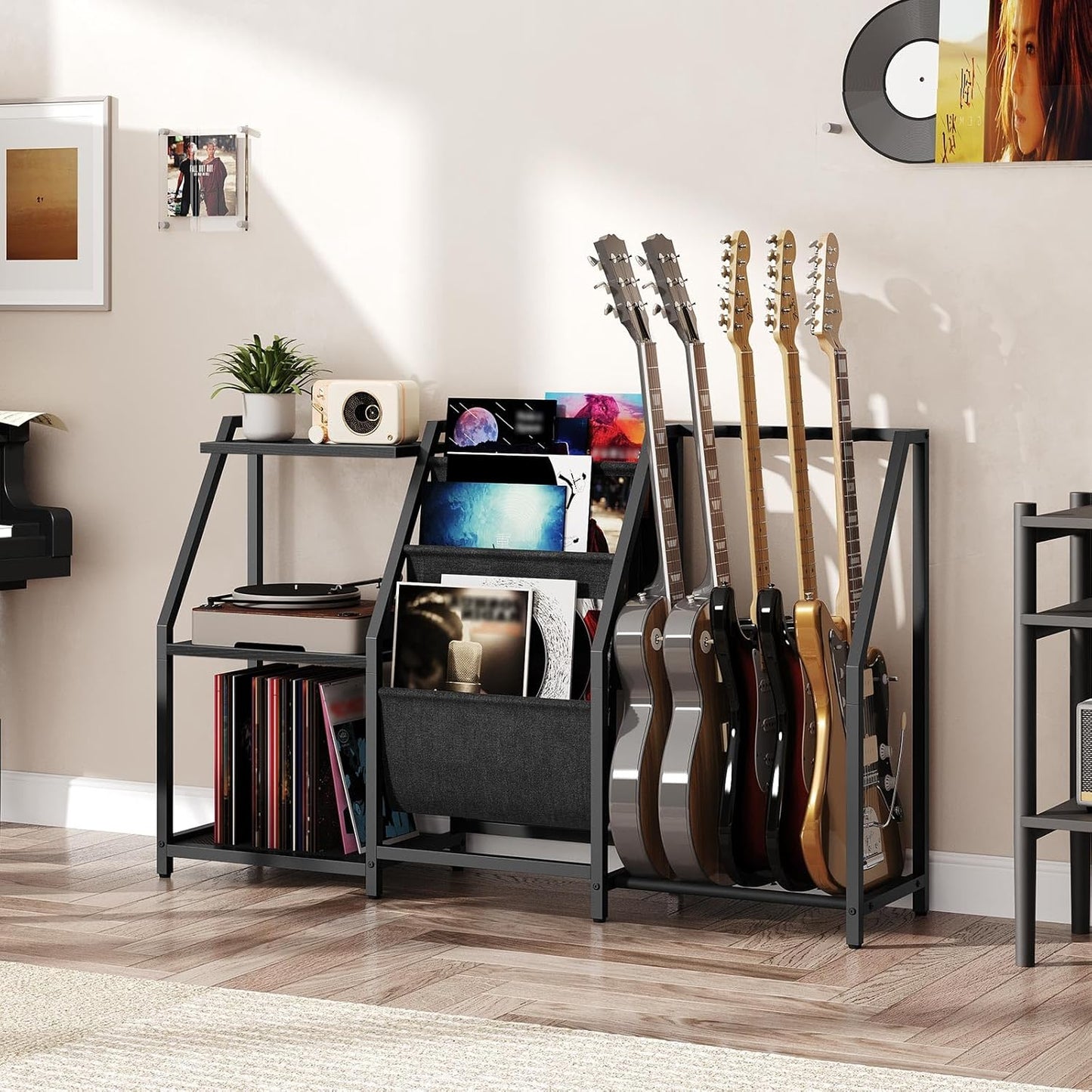 Guitar Stand, Record Player Stand with Storage, for 5 Acoustic Guitar, Bass, Electric Guitar, Ukulele, Banjo, Turntable, Vinyl Records and Amp Accessories, for Music Studios, Black