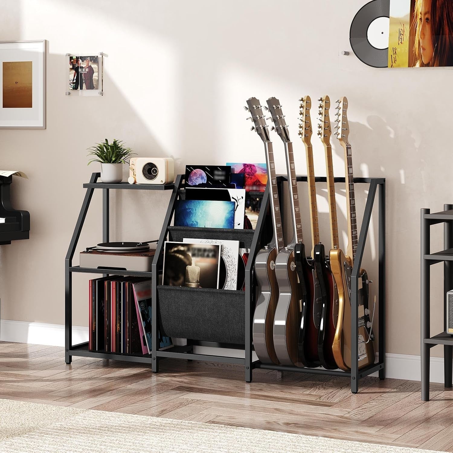 Guitar Stand, Record Player Stand with Storage, for 5 Acoustic Guitar, Bass, Electric Guitar, Ukulele, Banjo, Turntable, Vinyl Records and Amp Accessories, for Music Studios, Black