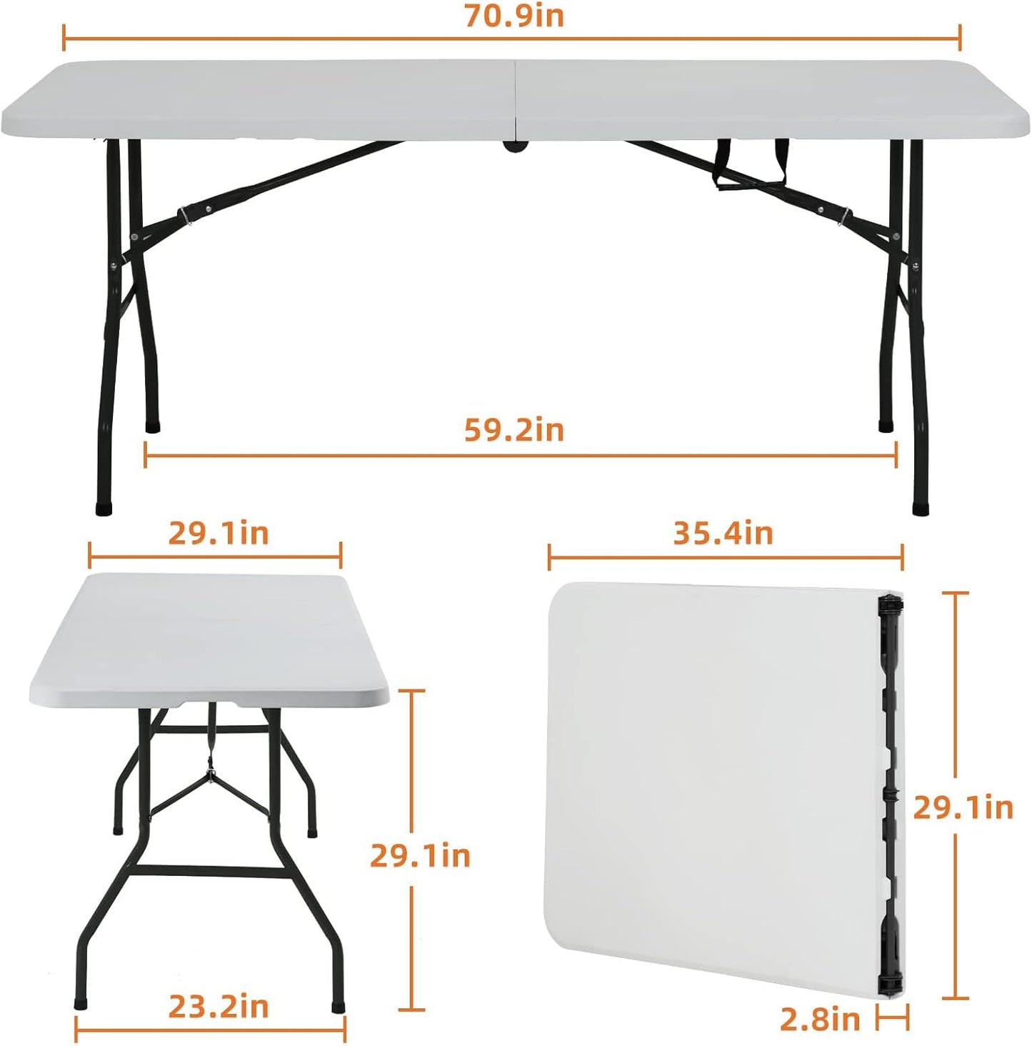 6 Ft Heavy Duty Working Indoor Outdoor Plastic Folding Utility Party Dining Table Easy to Assemble with Lock Function White, 70.9 X 29.1 X 29.1 Inches (White, 6 FT)